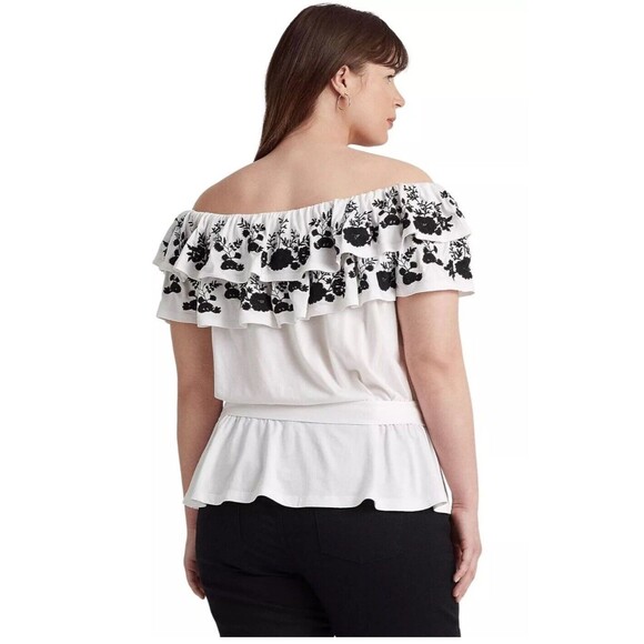 Lauren Ralph Lauren Womens White Embroidered Jersey Off-the-Shoulder Top Size 1X - Picture 7 of 7